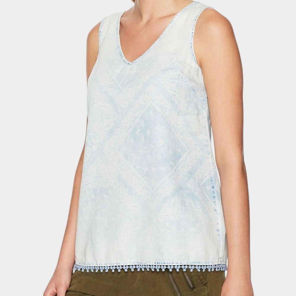 VINTAGE AMERICAN BLUES Distressed Denim Tank Top Size XL Boho Cotton Lyocell Pom
